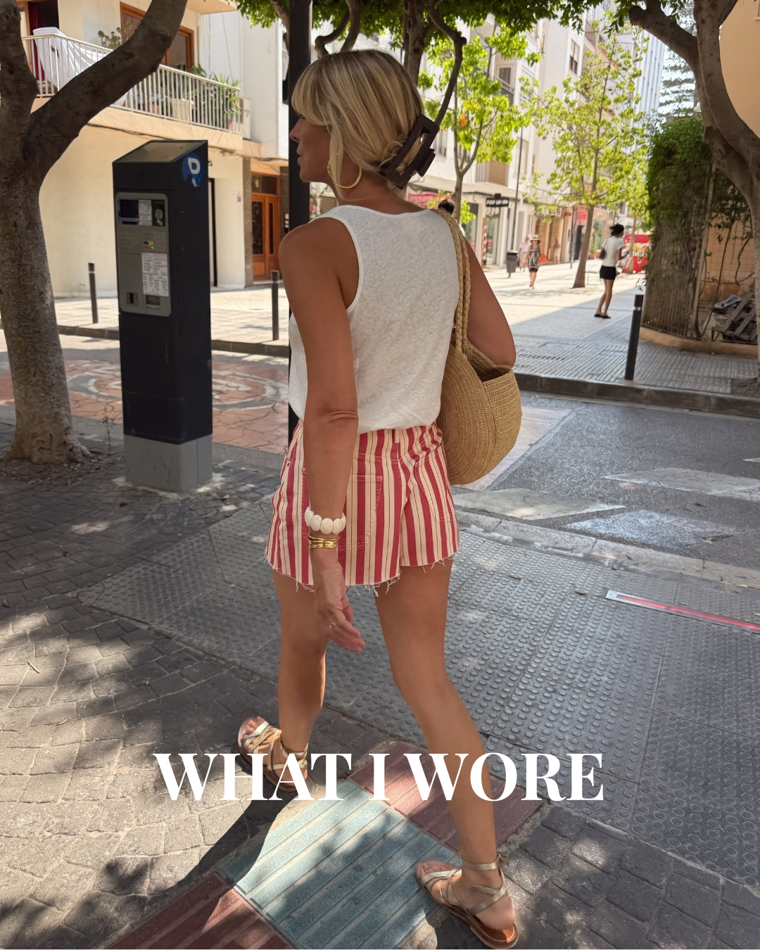 Ibiza town outfit — Sezane striped shorts with a linen vest top and gold sandals