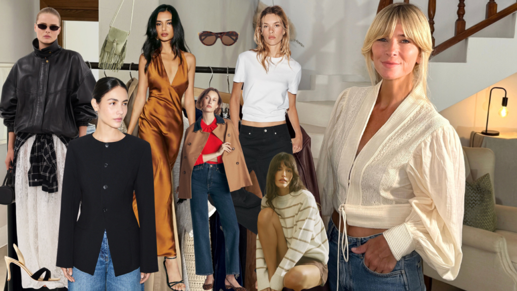 Autumn 2026 fashion trends: a collage of leather, satin, black tailoring, camel, striped knit and cream blouse outfits