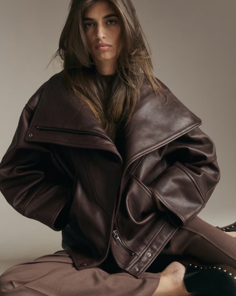 Oversized Funnel Neck Leather Jacket
