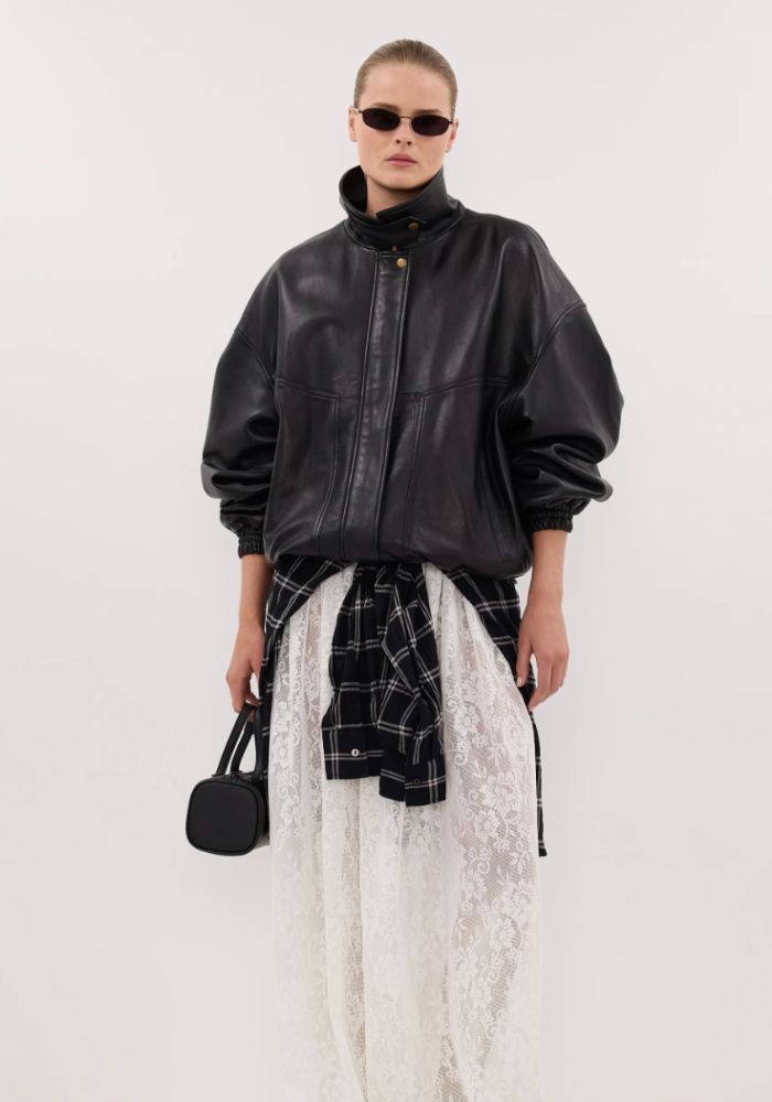Oversized Black Bomber Leather Jacket