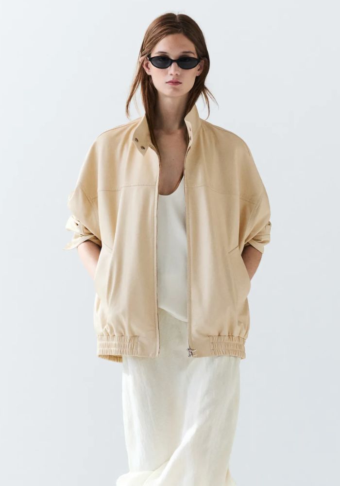 Beige Leather Bomber Jacket
