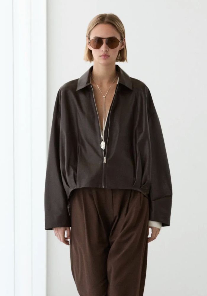 Pleat Detail Leather Jacket