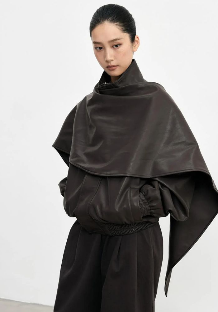 Scarf Detail Leather Jacket