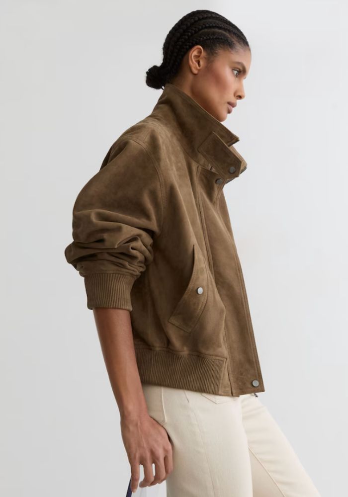 Suede Leather Funnel Neck Jacket