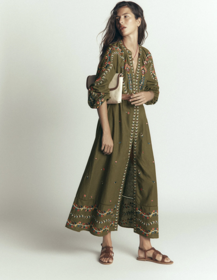 Olive Linen Embroidered Dress Boden