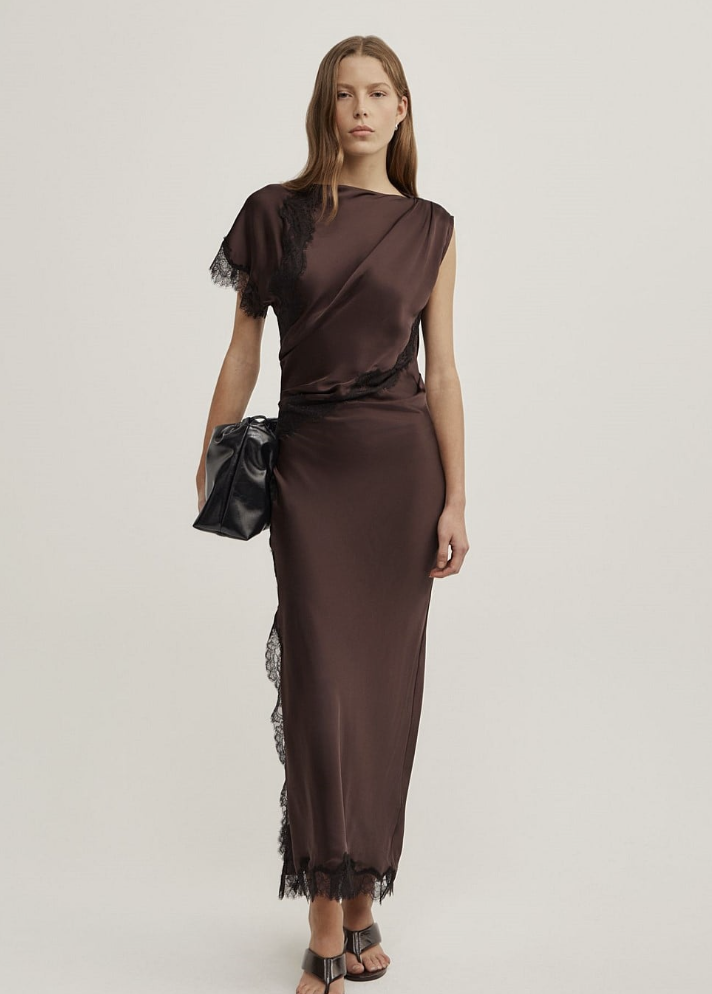 Lace Trimmed Chocolate Satin Dress