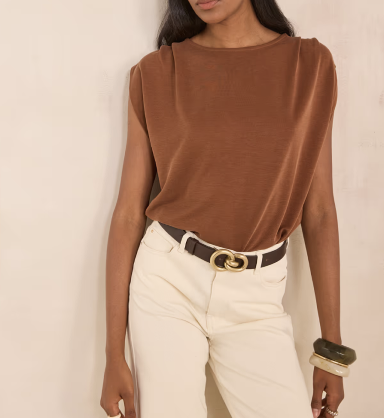 Brown Jersey Shoulder Detail top