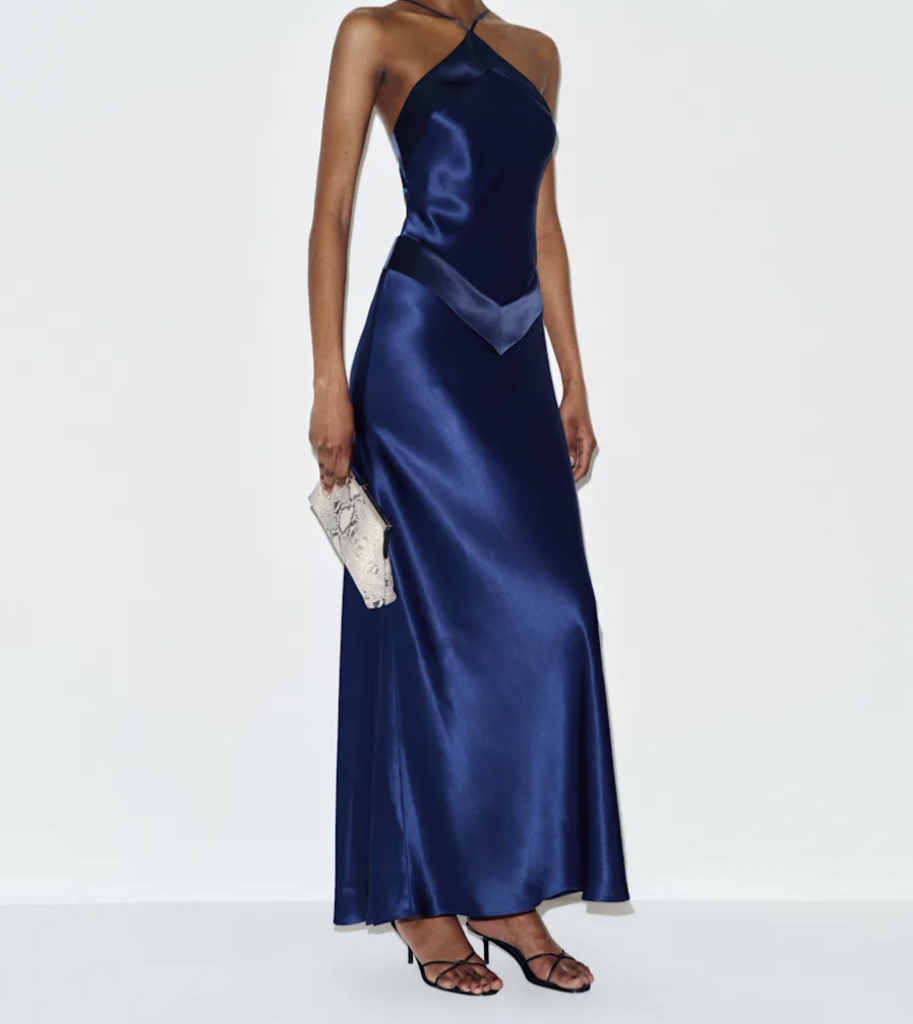 Blue satin halterneck dress
