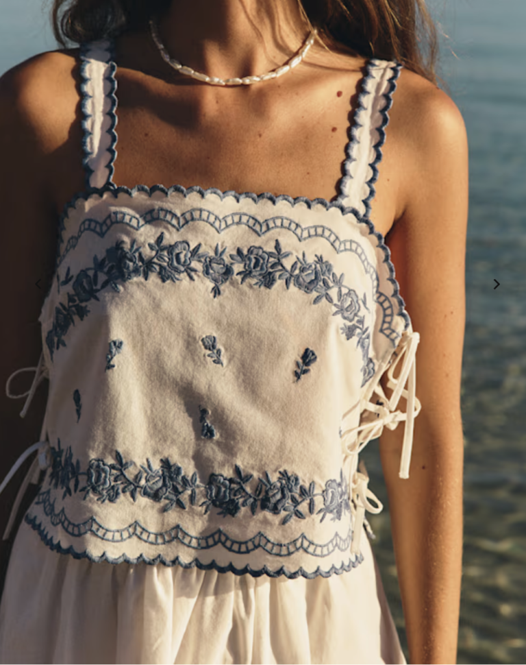 White and Blue Embroidered Top