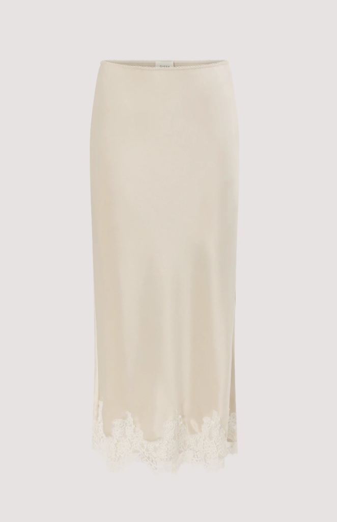 Lace-Trimmed Long Satin Skirt
