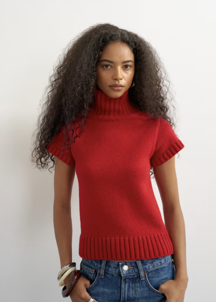 Knitted High-Neck Red Short-sleeved Jumper