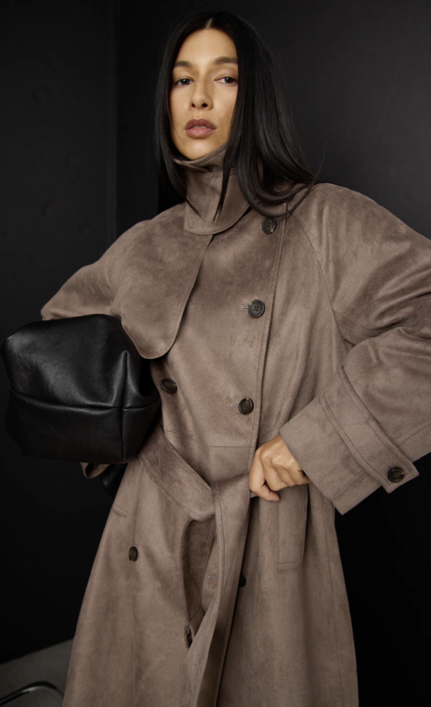 Faux Suede Funnel Neck Trench Coat