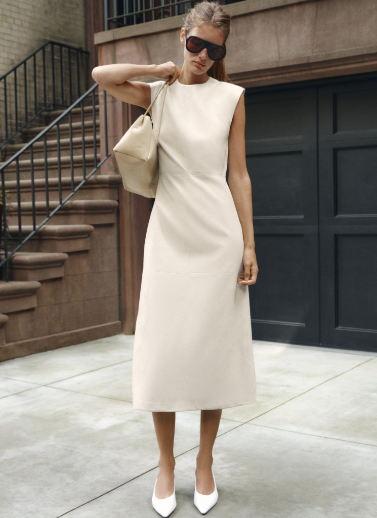 Faux Leather Elegant Ecru Dress