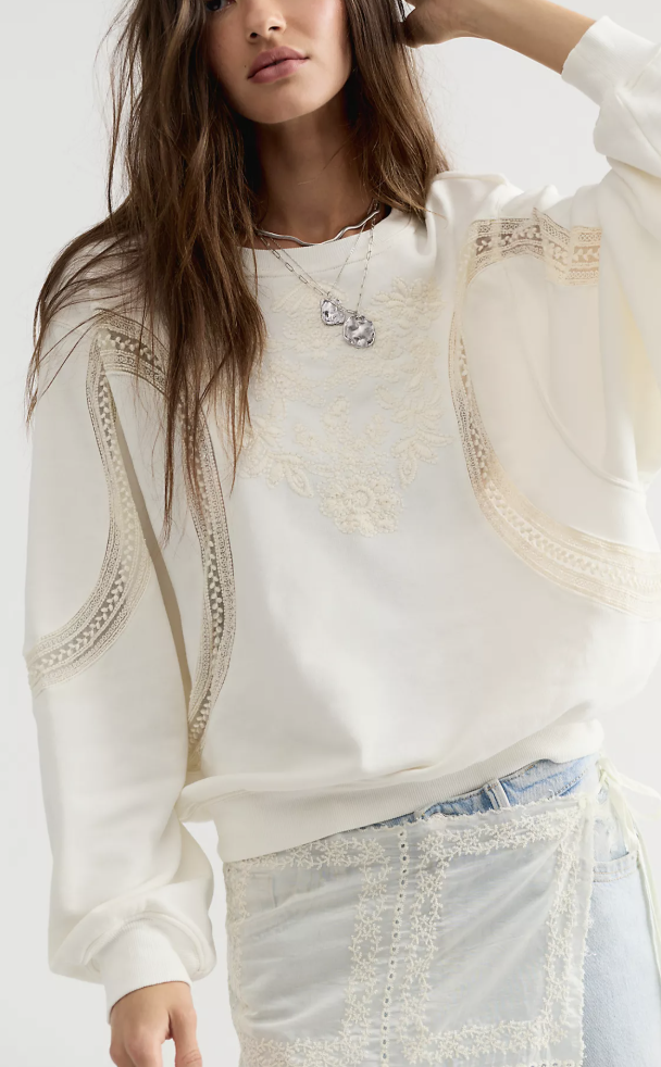 Lace Insert White Sweatshirt