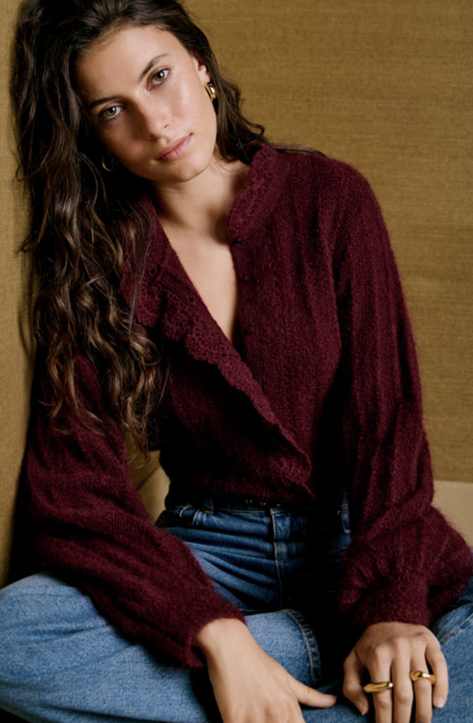 Mohair & Merino Frill Detail Burgundy Cardigan