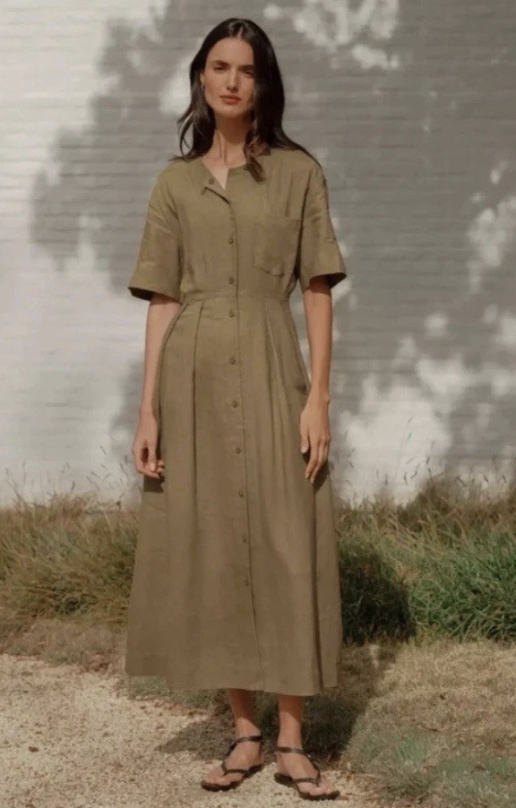 Khaki Short Sleeved Linen Dress