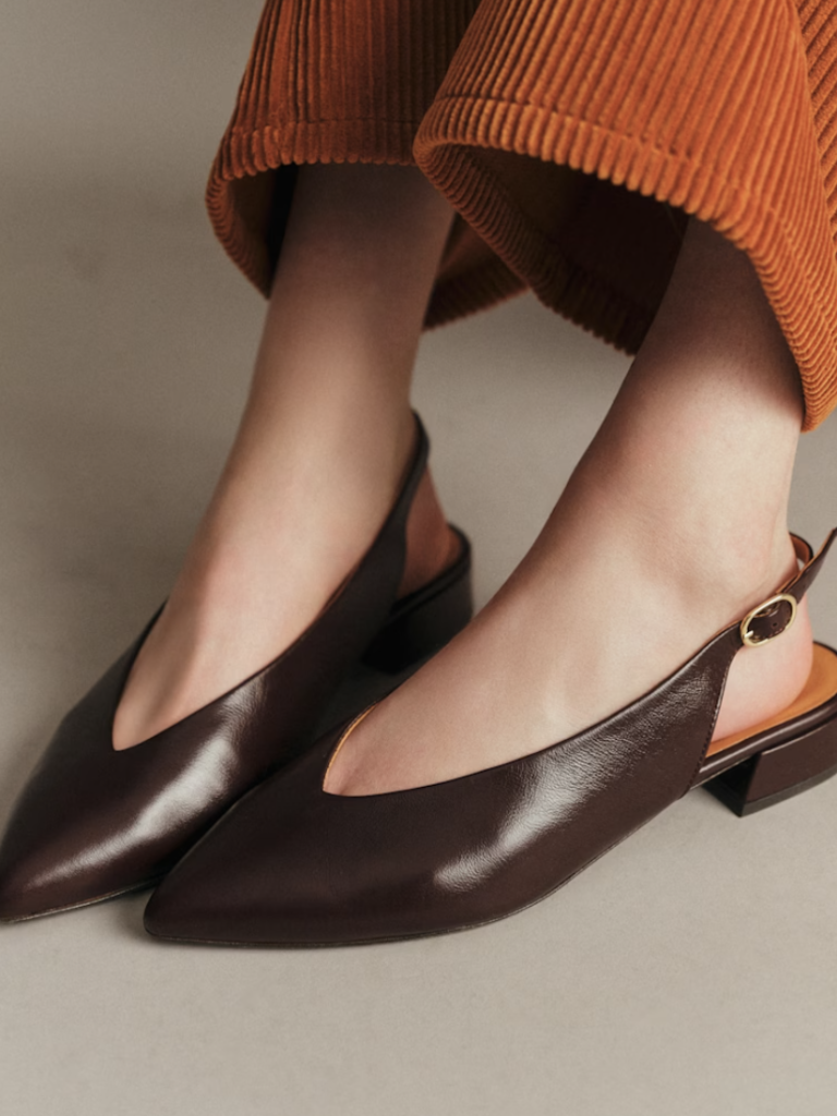 Glossy Brown Flat Slingbacks