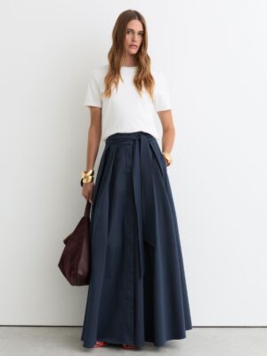 Cotton-Blend Pleated Maxi Skirt In Navy Blue
