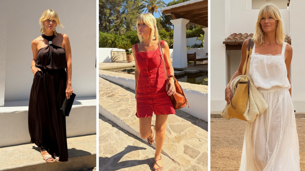 How to make any dress look polished: a brown halterneck maxi dress, a red linen mini dress and a white maxi dress with a straw bag