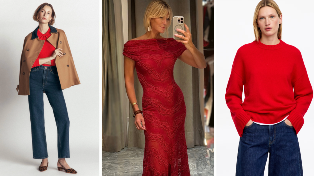 How to wear red: a red top with a camel cape and jeans, a red lace dress and a red jumper with wide-leg jeans